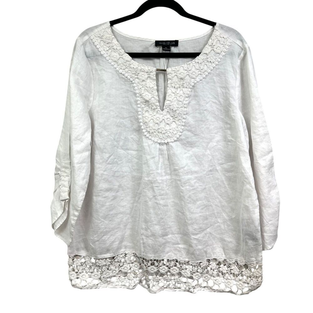 August Silk Women Linen Tunic Blouse Crochet Neck Boho Long Sleeves White Sz XL*